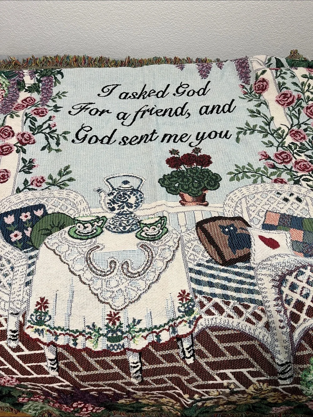 Goodwin Weavers Garden Throw Blanket Fringe Friend Floral Cat Cottagecore Cotton